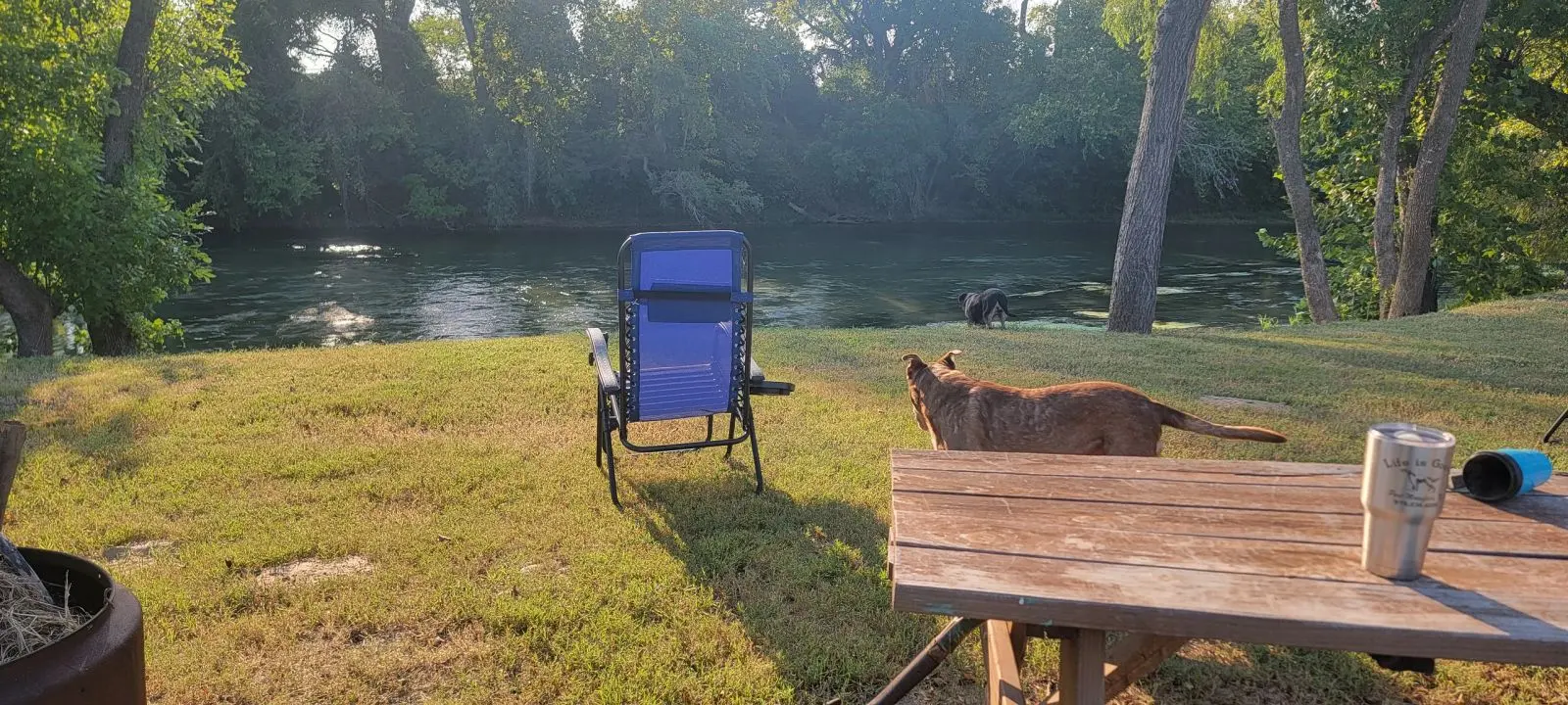 Image of the riverside picnic table and firepit.